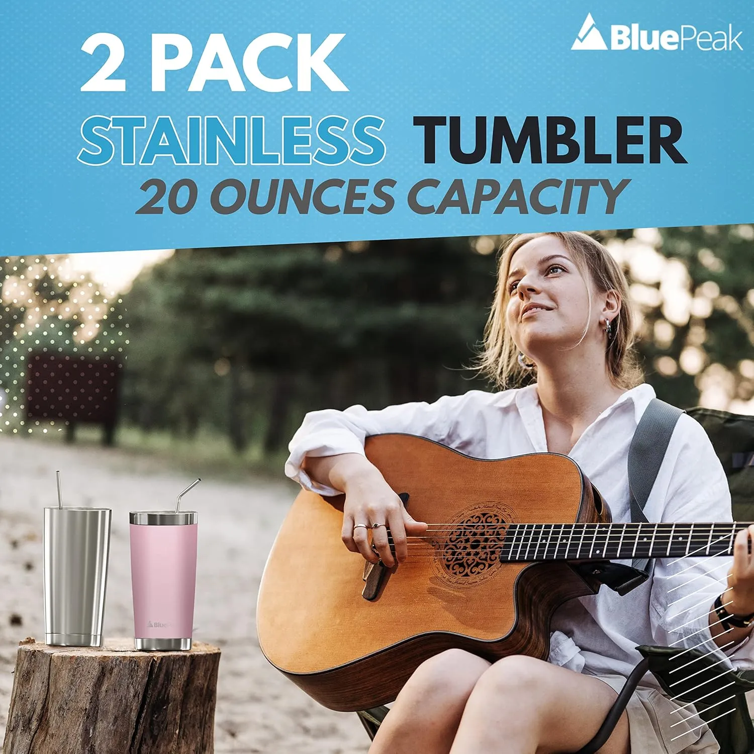 BluePeak Double Wall Stainless Steel Insulated Tumbler Set, 2-Pack, Includes Sipping Lids, Spill-Proof Sliding Lids, Straws, Cleaning Brush & Gift Box (20oz, Silver-Pink)