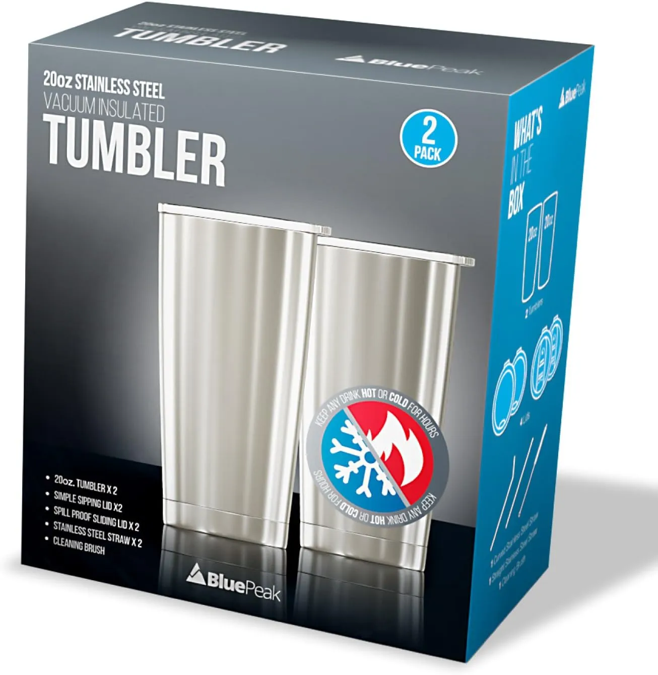 BluePeak Double Wall Stainless Steel Insulated Tumbler Set, 2-Pack, Includes Sipping Lids, Spill-Proof Sliding Lids, Straws, Cleaning Brush & Gift Box (20oz, Silver-Pink)