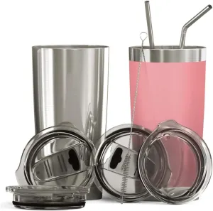 BluePeak Double Wall Stainless Steel Insulated Tumbler Set, 2-Pack, Includes Sipping Lids, Spill-Proof Sliding Lids, Straws, Cleaning Brush & Gift Box (20oz, Silver-Pink)