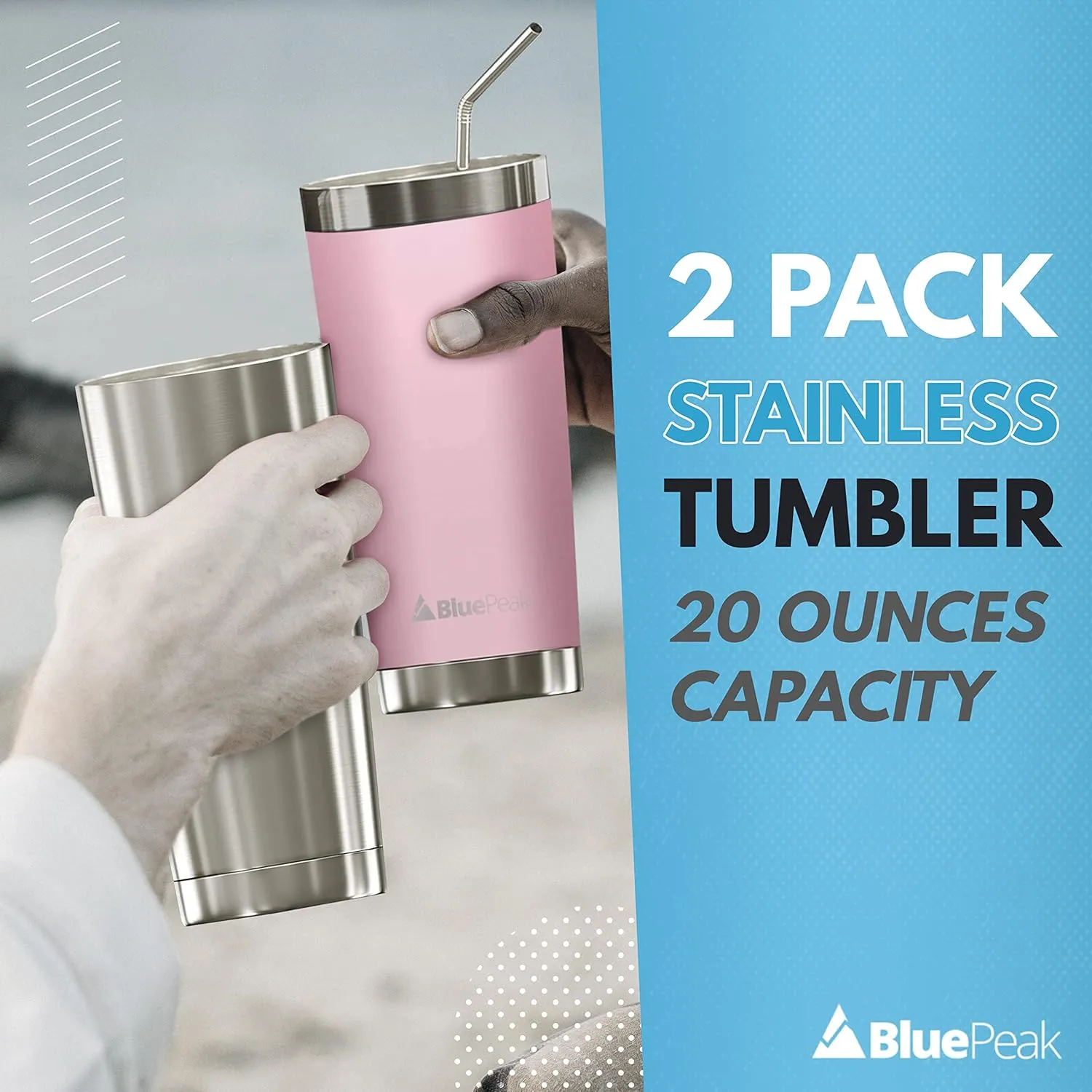BluePeak Double Wall Stainless Steel Insulated Tumbler Set, 2-Pack, Includes Sipping Lids, Spill-Proof Sliding Lids, Straws, Cleaning Brush & Gift Box (20oz, Silver-Pink)