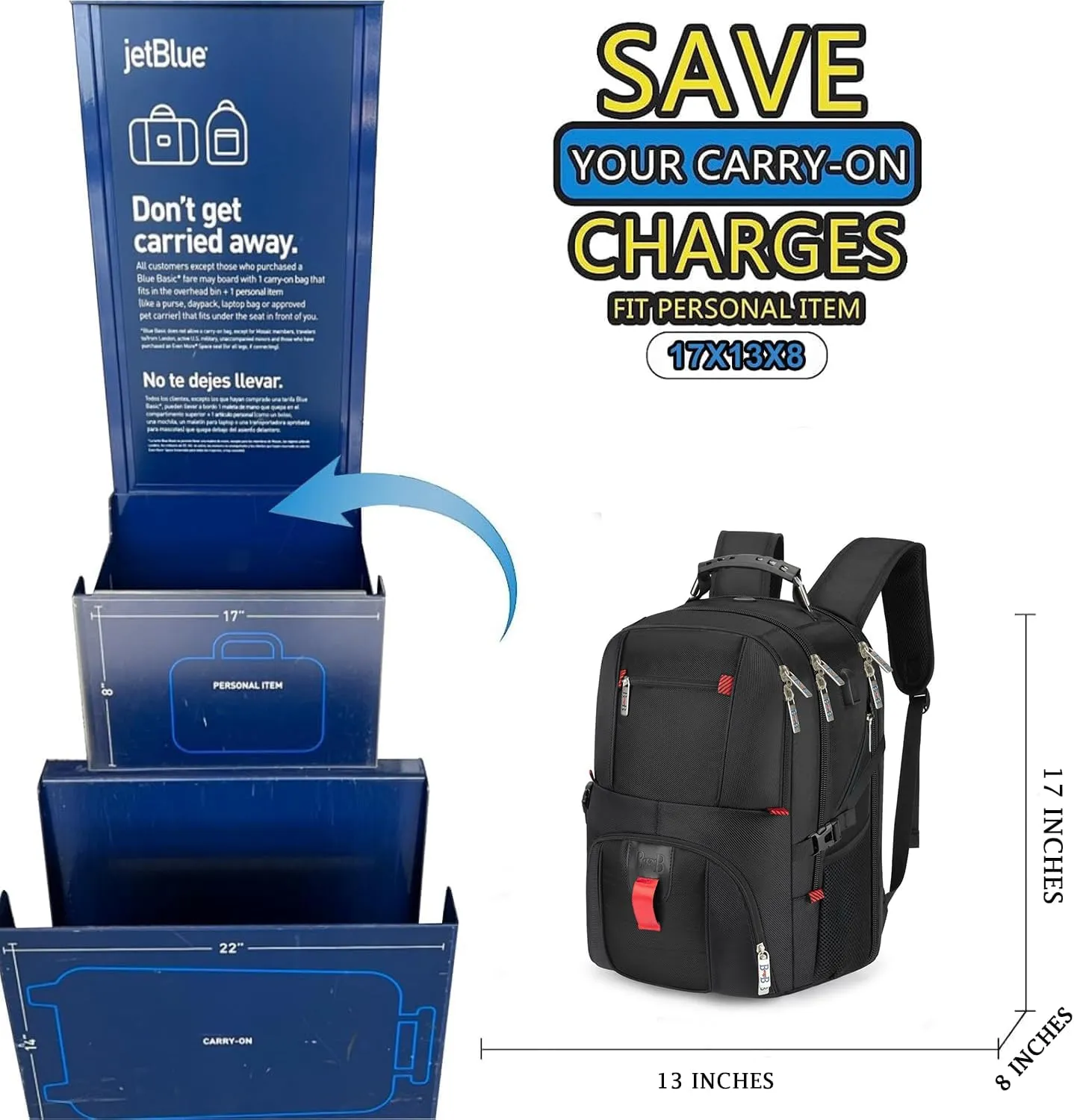 Boardingblue 17x13x8 Inches Laptop College Travel Backpacks for Men Women, Under-Seat Backpack for JetBlue, Spirit, Frontier(Black)