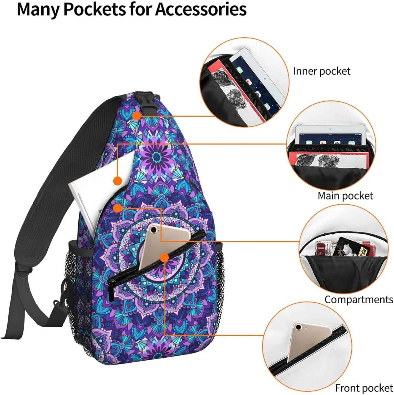 Bohemian Style Mandala Print Sling Backpack Crossbody Sling Bag for Women Men Shoulder Bag Travel Hiking Daypack