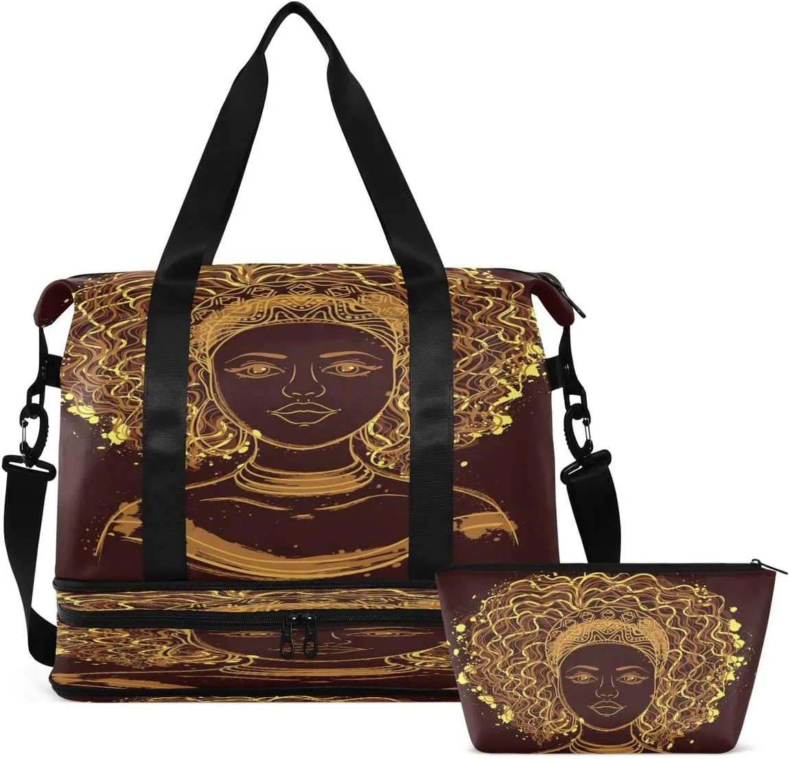 Bolaz African American Women's Gym Bag Sports Travel Duffel Bag with Wet Pocket Shoes Compartment and Toiletry Bag, Black, 17.3 x 8.7 x 15.5 inches