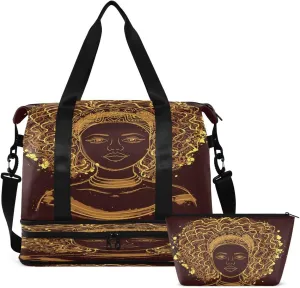 Bolaz African American Women's Gym Bag Sports Travel Duffel Bag with Wet Pocket Shoes Compartment and Toiletry Bag, Black, 17.3 x 8.7 x 15.5 inches