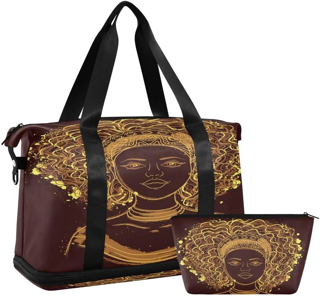 Bolaz African American Women's Gym Bag Sports Travel Duffel Bag with Wet Pocket Shoes Compartment and Toiletry Bag, Black, 17.3 x 8.7 x 15.5 inches