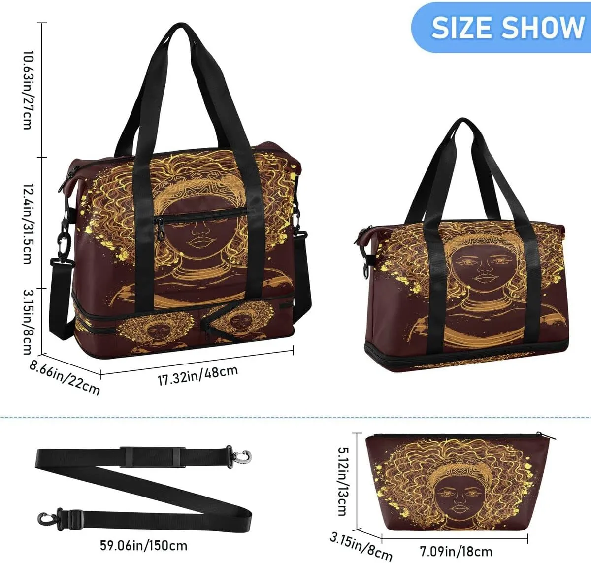 Bolaz African American Women's Gym Bag Sports Travel Duffel Bag with Wet Pocket Shoes Compartment and Toiletry Bag, Black, 17.3 x 8.7 x 15.5 inches