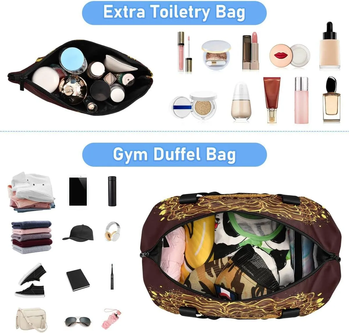 Bolaz African American Women's Gym Bag Sports Travel Duffel Bag with Wet Pocket Shoes Compartment and Toiletry Bag, Black, 17.3 x 8.7 x 15.5 inches