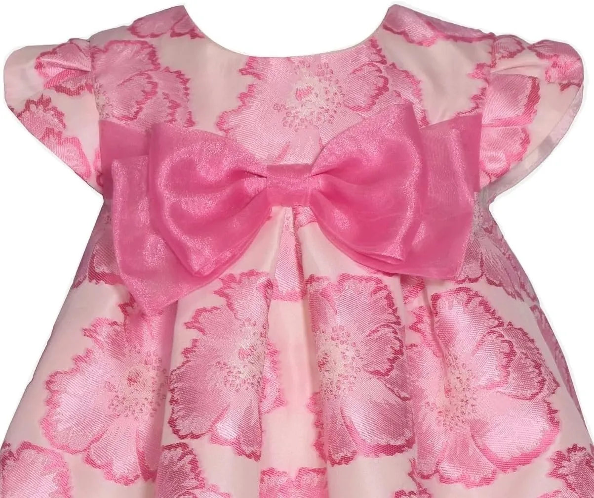 Bonnie Jean Girls 3M-16 Pink Floral Jacquard Organza Bow Front Dress