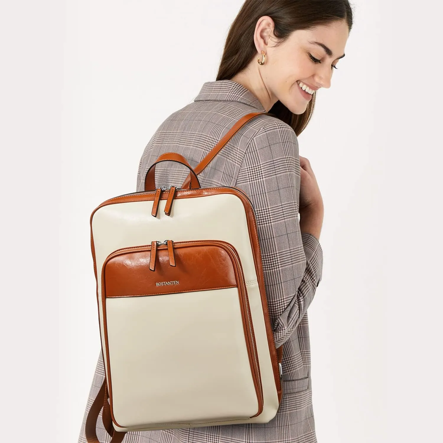 BOSTANTEN Leather Laptop Backpack for Women 15.6 inch Computer Bag Travel Work Daypack Large Size Bag