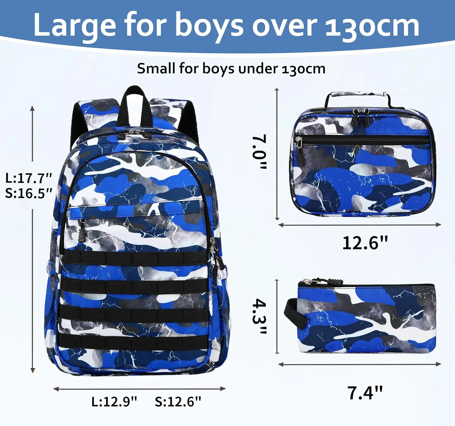 Boys Backpack with Lunch Box, Camo Kids Backpacks for Boys Elementary Middle School Bag Bookbag Outdoor Travel Back Pack (Camo Blue Set, Large)