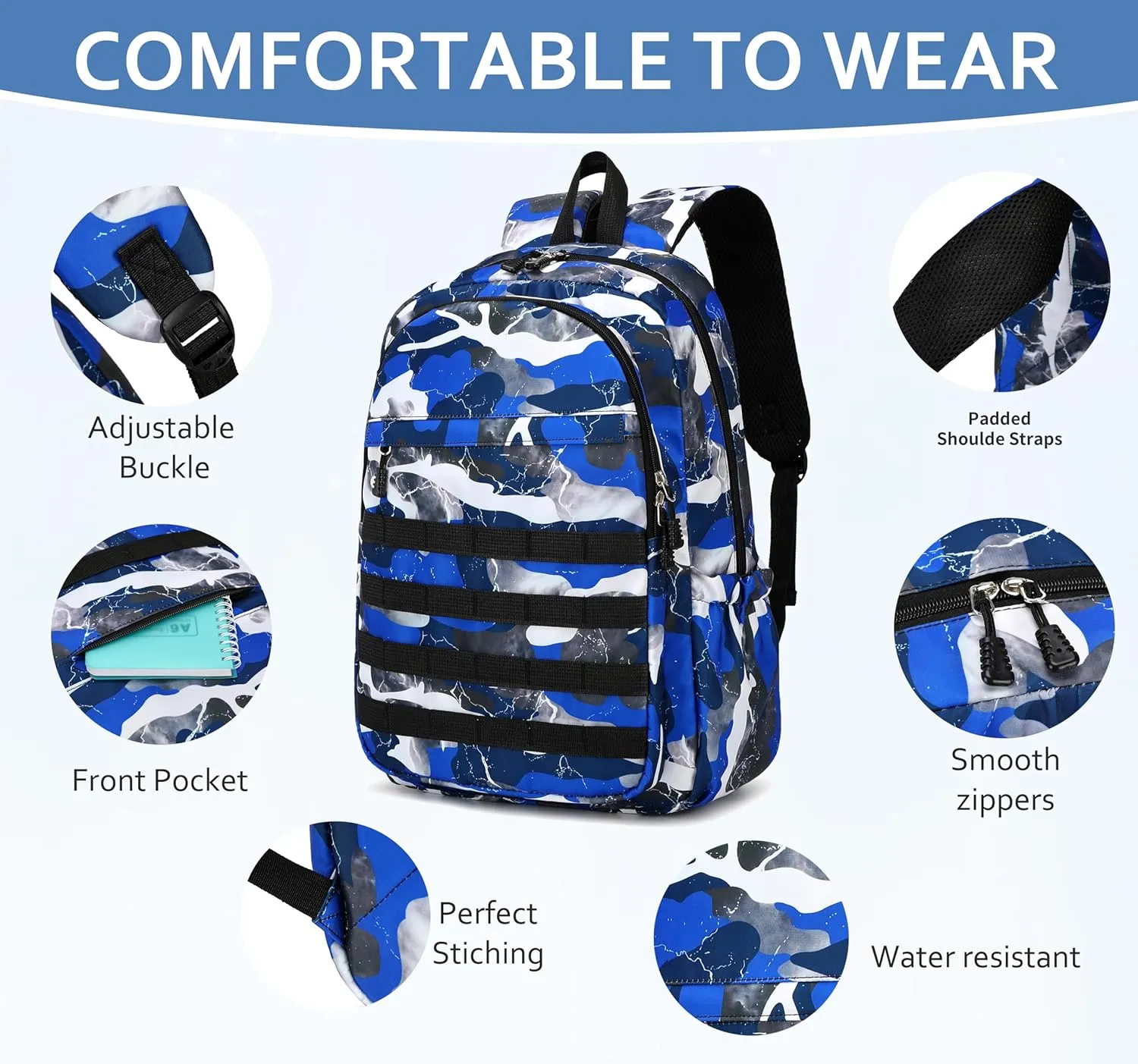 Boys Backpack with Lunch Box, Camo Kids Backpacks for Boys Elementary Middle School Bag Bookbag Outdoor Travel Back Pack (Camo Blue Set, Large)