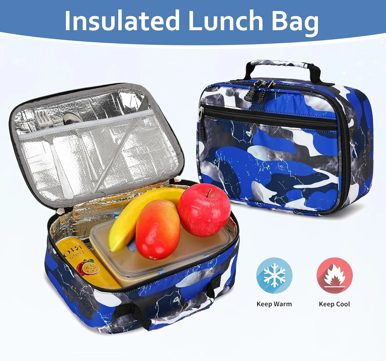 Boys Backpack with Lunch Box, Camo Kids Backpacks for Boys Elementary Middle School Bag Bookbag Outdoor Travel Back Pack (Camo Blue Set, Large)