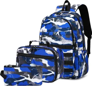 Boys Backpack with Lunch Box, Camo Kids Backpacks for Boys Elementary Middle School Bag Bookbag Outdoor Travel Back Pack (Camo Blue Set, Large)