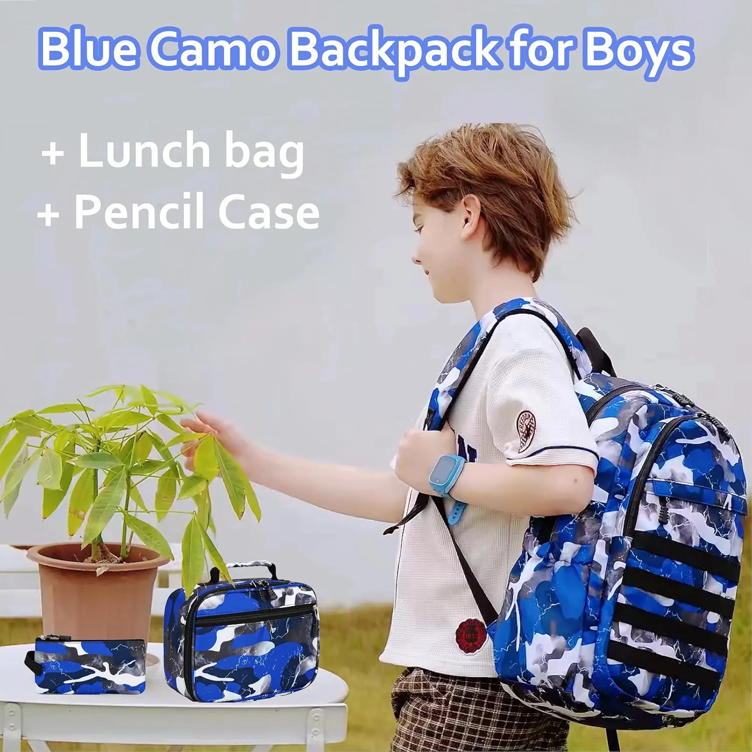 Boys Backpack with Lunch Box, Camo Kids Backpacks for Boys Elementary Middle School Bag Bookbag Outdoor Travel Back Pack (Camo Blue Set, Large)