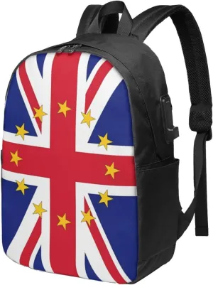 British England UK European Union Jack Flag Laptop Backpacks Travel Backpack Casual Business Daypack Sport Rucksack Computer Bag Fits up to 17 Inch Notebook with USB Port