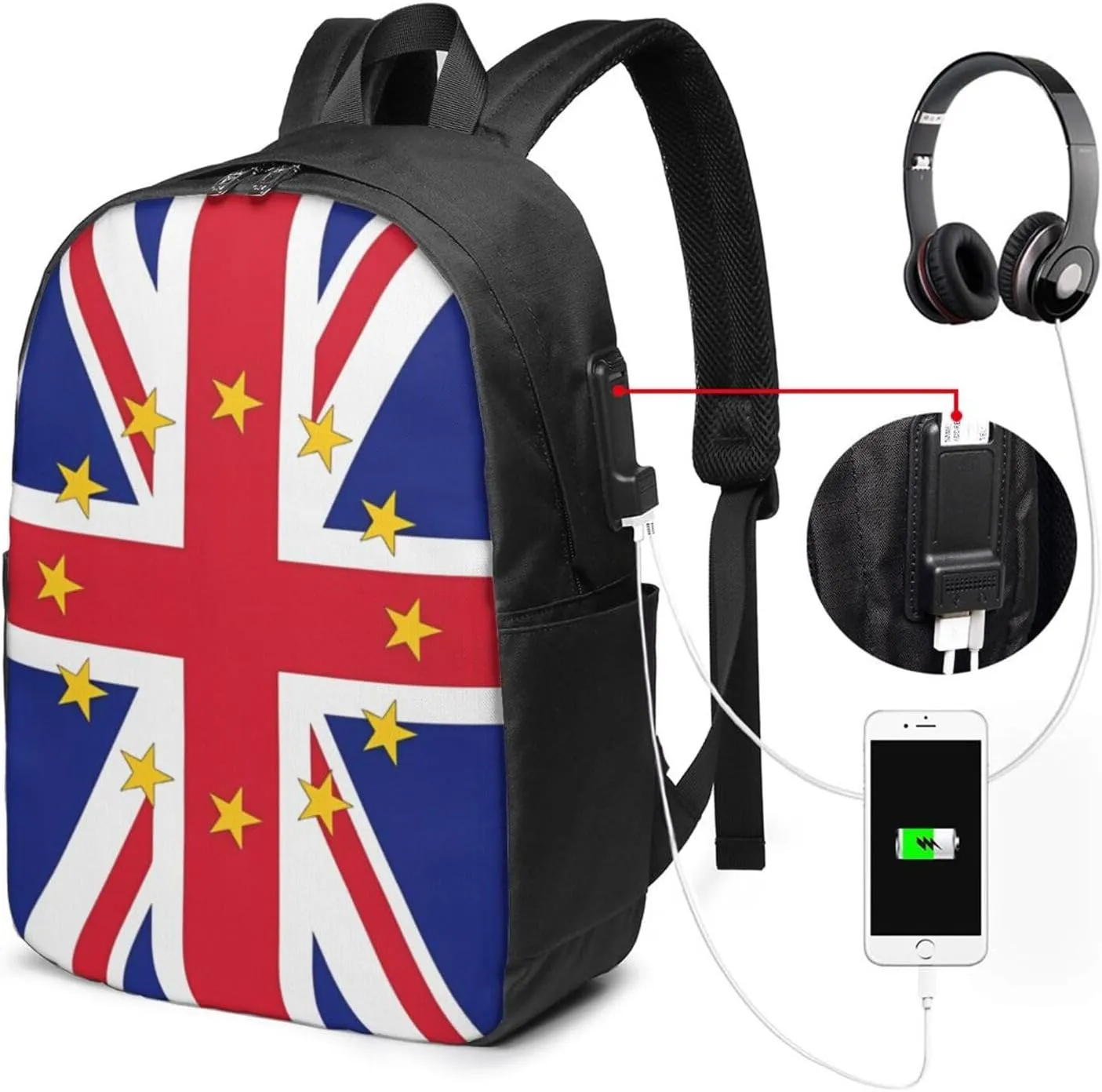 British England UK European Union Jack Flag Laptop Backpacks Travel Backpack Casual Business Daypack Sport Rucksack Computer Bag Fits up to 17 Inch Notebook with USB Port