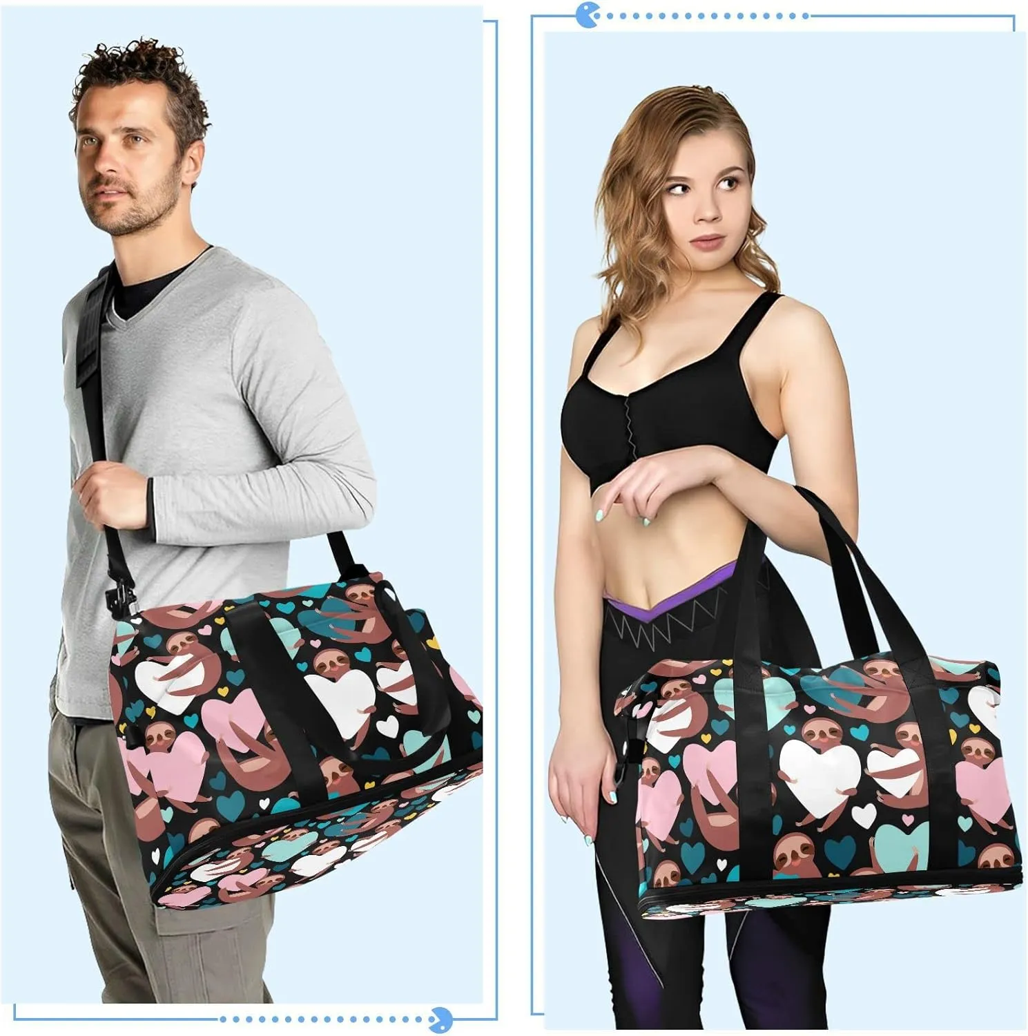 Brown Three-toed Sloth Holding Hearts on Black Valentine's Day Gym Duffel Bag, Polyester Travel Weekender Luggage Handbag with Waterproof Pocket for Wet Items, Unisex Foldable Tote for Sports