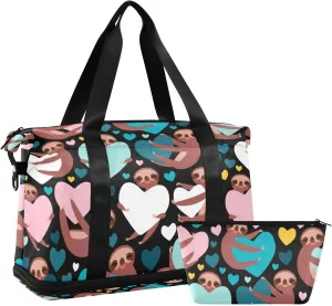 Brown Three-toed Sloth Holding Hearts on Black Valentine's Day Gym Duffel Bag, Polyester Travel Weekender Luggage Handbag with Waterproof Pocket for Wet Items, Unisex Foldable Tote for Sports
