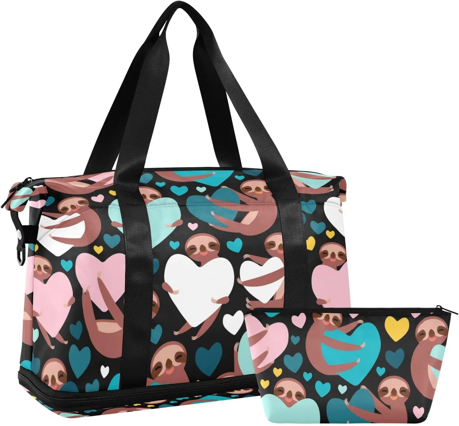 Brown Three-toed Sloth Holding Hearts on Black Valentine's Day Gym Duffel Bag, Polyester Travel Weekender Luggage Handbag with Waterproof Pocket for Wet Items, Unisex Foldable Tote for Sports