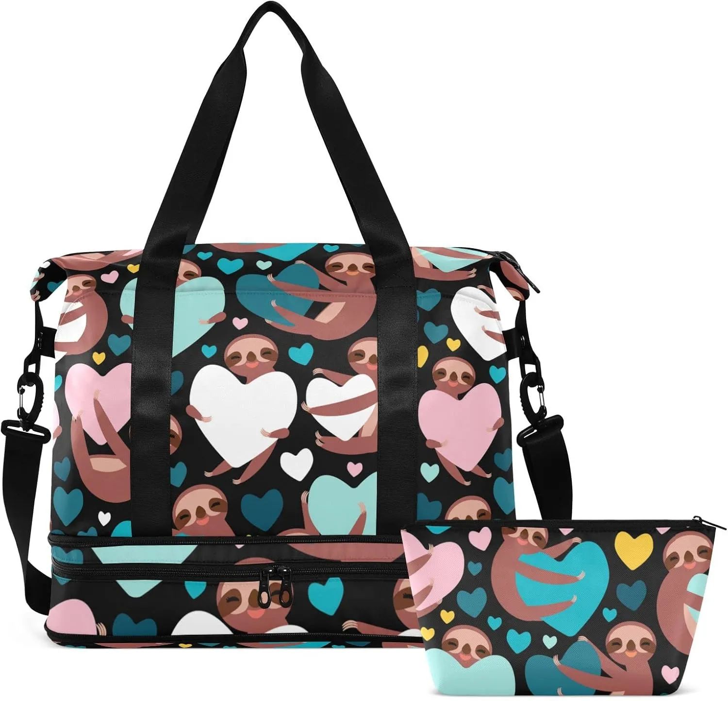 Brown Three-toed Sloth Holding Hearts on Black Valentine's Day Gym Duffel Bag, Polyester Travel Weekender Luggage Handbag with Waterproof Pocket for Wet Items, Unisex Foldable Tote for Sports