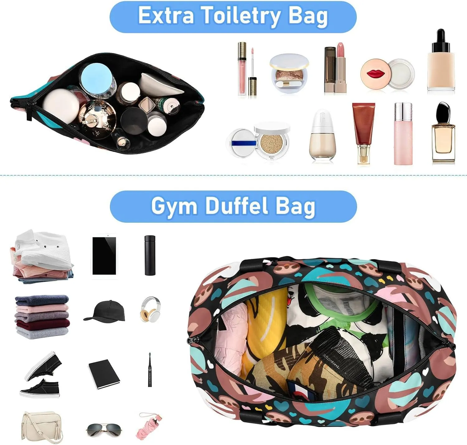Brown Three-toed Sloth Holding Hearts on Black Valentine's Day Gym Duffel Bag, Polyester Travel Weekender Luggage Handbag with Waterproof Pocket for Wet Items, Unisex Foldable Tote for Sports