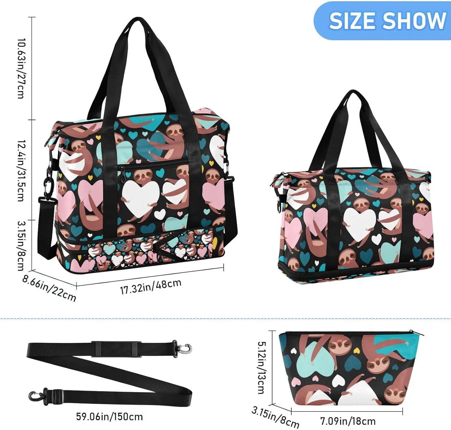 Brown Three-toed Sloth Holding Hearts on Black Valentine's Day Gym Duffel Bag, Polyester Travel Weekender Luggage Handbag with Waterproof Pocket for Wet Items, Unisex Foldable Tote for Sports