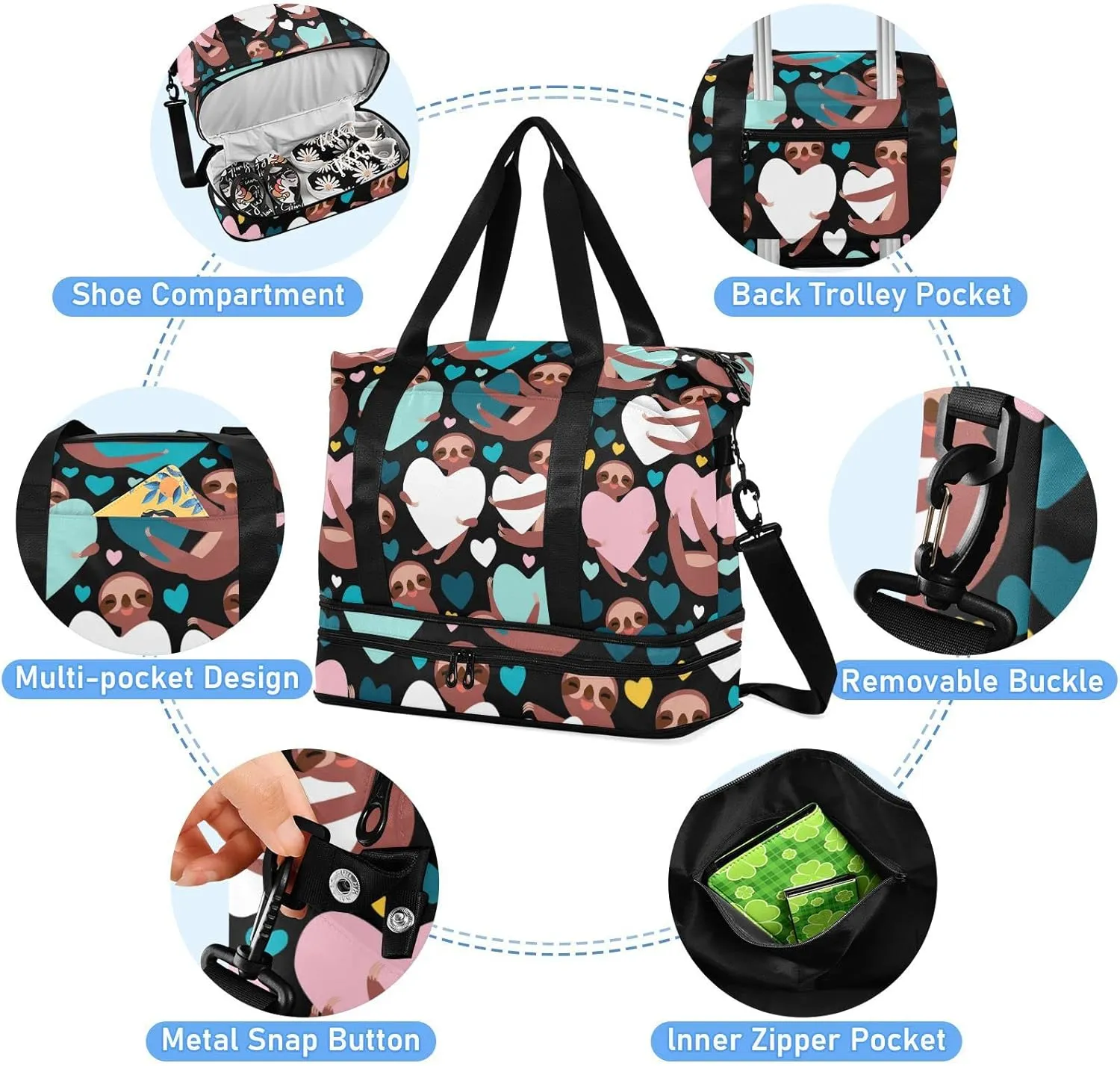 Brown Three-toed Sloth Holding Hearts on Black Valentine's Day Gym Duffel Bag, Polyester Travel Weekender Luggage Handbag with Waterproof Pocket for Wet Items, Unisex Foldable Tote for Sports