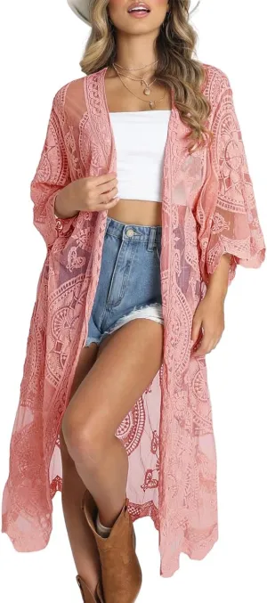 Bsubseach Women Mesh Cardigan Bikini Beach Kimono Open Front Swimsuit Cover Ups Swimwear