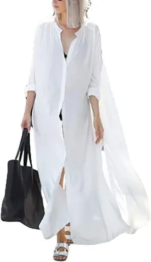 Bsubseach Women’s Beach Kaftan Dress Flowy Button Down Long Shirt Dress Kimono Cardigan Lightweight Caftan Swimsuit Cover Up