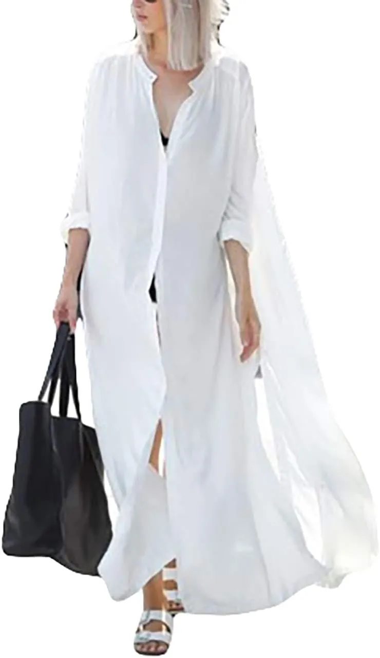 Bsubseach Women’s Beach Kaftan Dress Flowy Button Down Long Shirt Dress Kimono Cardigan Lightweight Caftan Swimsuit Cover Up