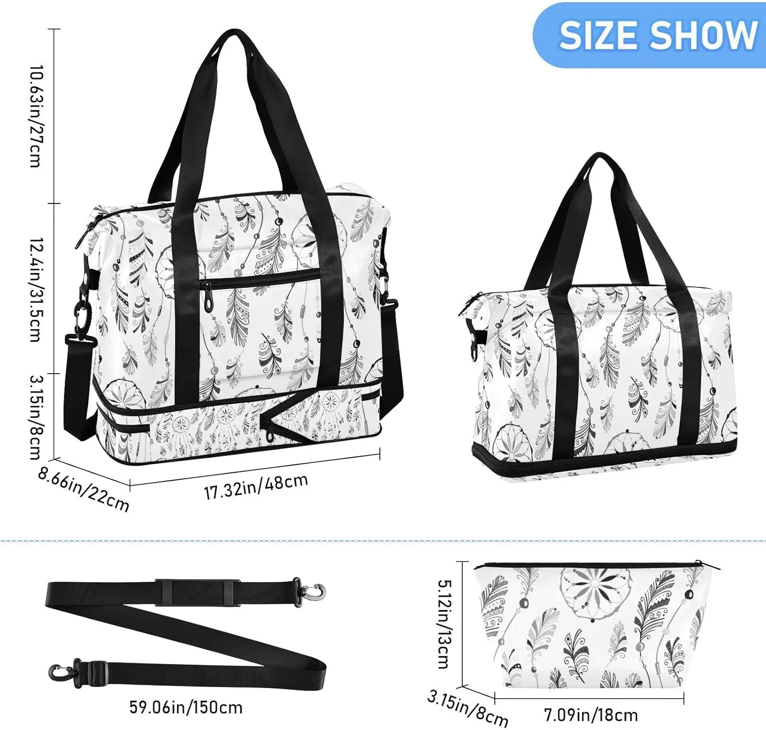 Bull Skull Ethnic Dream Cather Feathers Arrows Floral Flower Gym Duffel Bag, Polyester Travel Weekender Luggage Handbag with Waterproof Pocket for Wet Items, Unisex Foldable Tote for Sports
