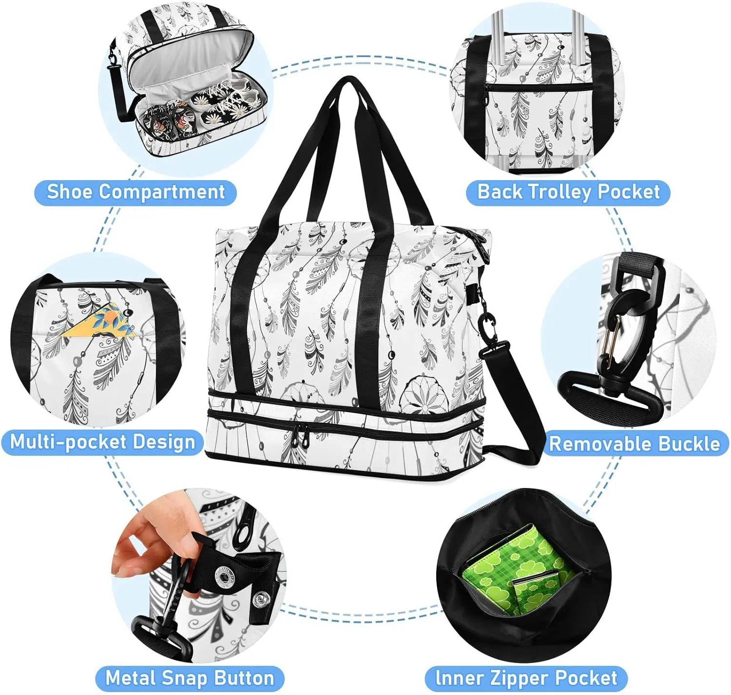 Bull Skull Ethnic Dream Cather Feathers Arrows Floral Flower Gym Duffel Bag, Polyester Travel Weekender Luggage Handbag with Waterproof Pocket for Wet Items, Unisex Foldable Tote for Sports