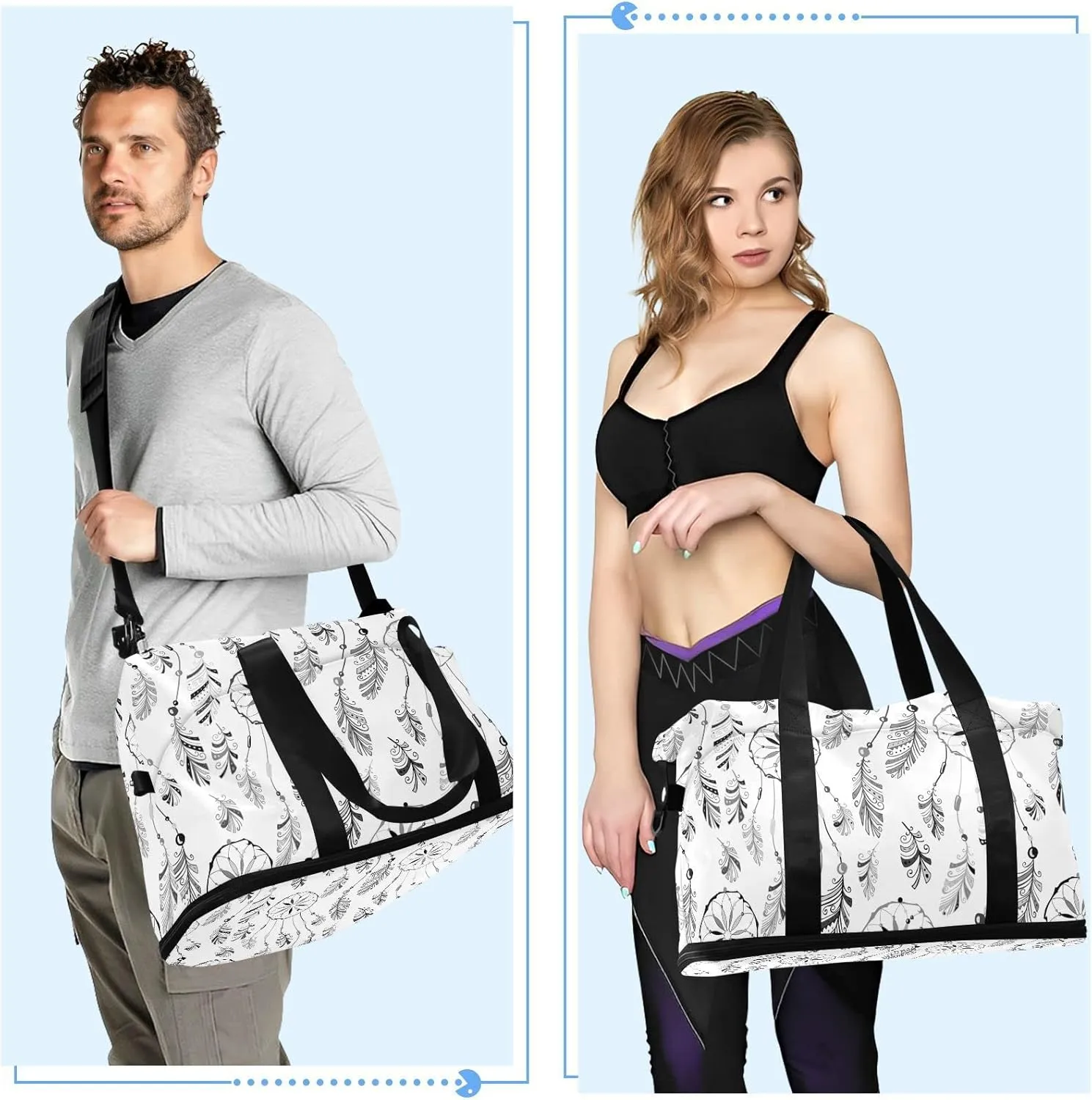 Bull Skull Ethnic Dream Cather Feathers Arrows Floral Flower Gym Duffel Bag, Polyester Travel Weekender Luggage Handbag with Waterproof Pocket for Wet Items, Unisex Foldable Tote for Sports