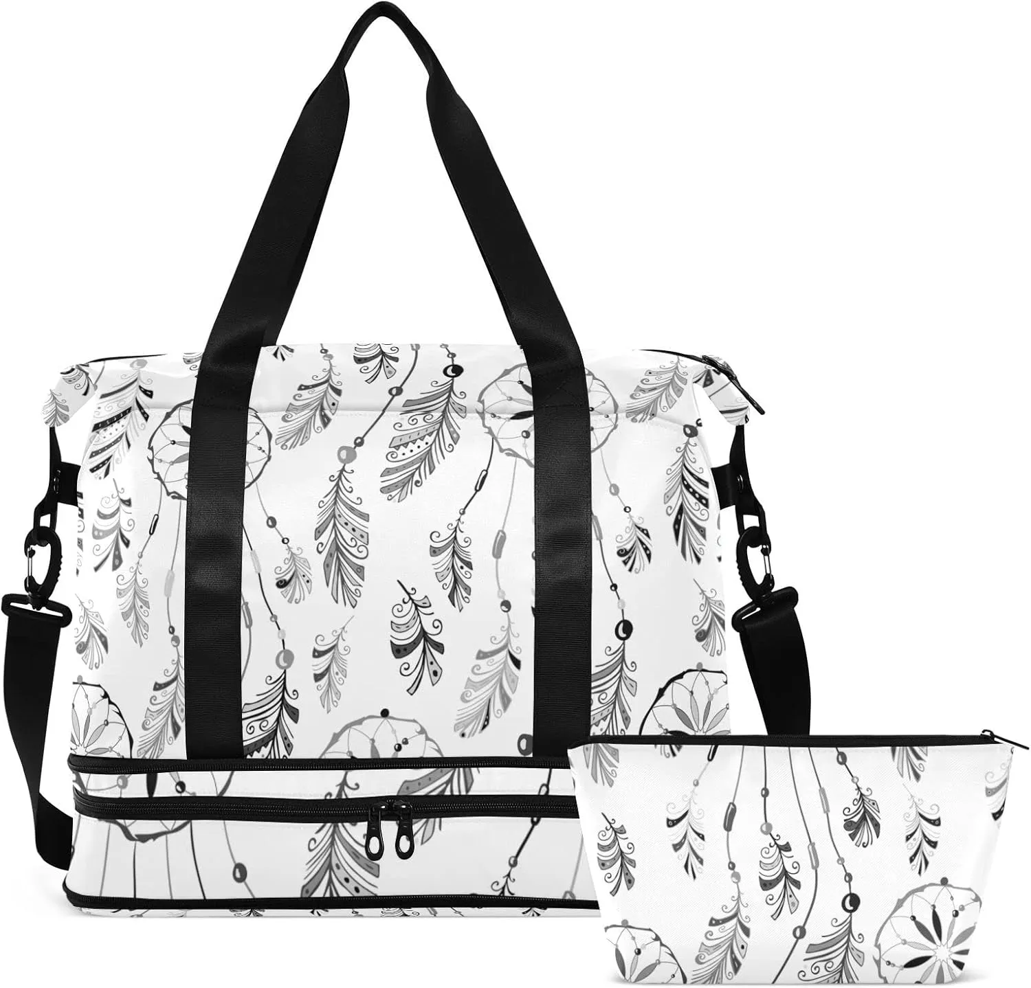 Bull Skull Ethnic Dream Cather Feathers Arrows Floral Flower Gym Duffel Bag, Polyester Travel Weekender Luggage Handbag with Waterproof Pocket for Wet Items, Unisex Foldable Tote for Sports