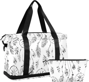 Bull Skull Ethnic Dream Cather Feathers Arrows Floral Flower Gym Duffel Bag, Polyester Travel Weekender Luggage Handbag with Waterproof Pocket for Wet Items, Unisex Foldable Tote for Sports
