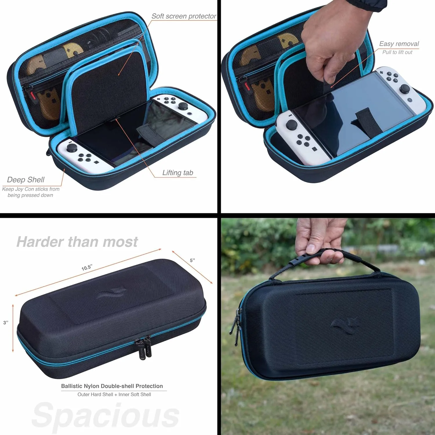 ButterFox Switch Carrying Case for Nintendo Switch OLED, Fits Charger, Joy Con Grip, 18 Games and Protective Case (Black/Blue)