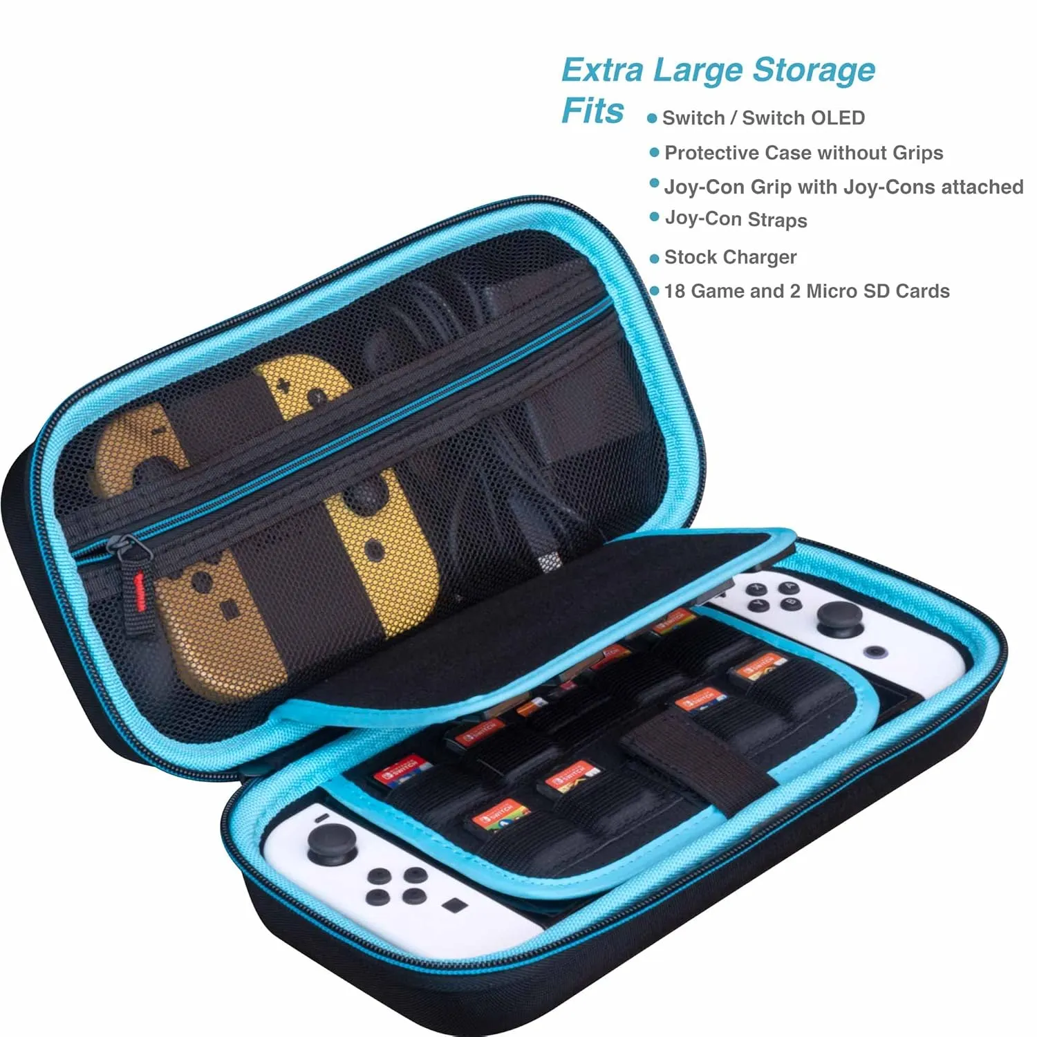 ButterFox Switch Carrying Case for Nintendo Switch OLED, Fits Charger, Joy Con Grip, 18 Games and Protective Case (Black/Blue)