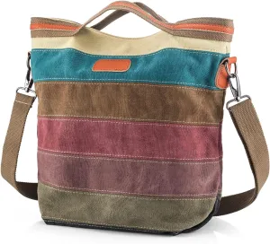 Canvas Handbag Multi-Color Striped Lattice Cross Body Shoulder Purse Bag Tote-Handbag for Women