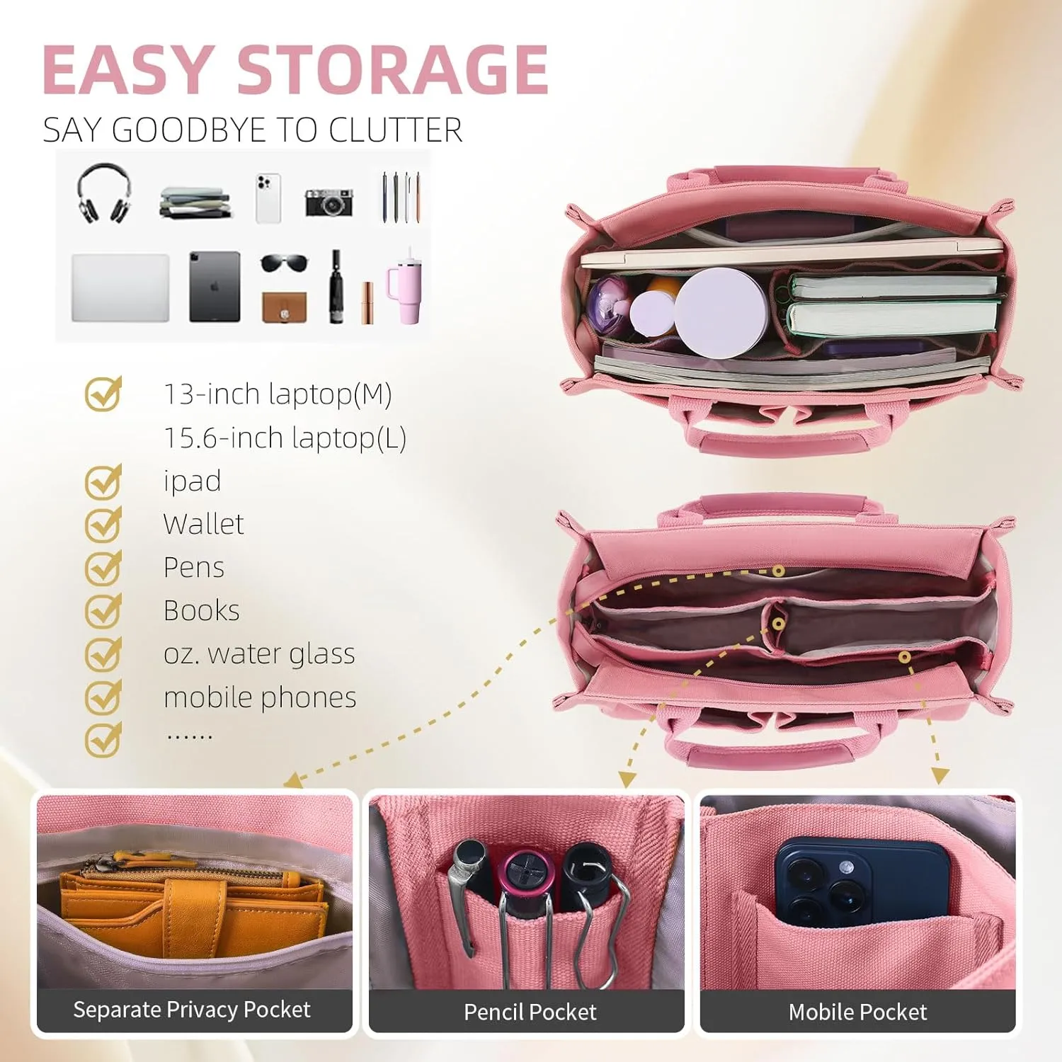 Canvas Tote Bag Purse for Women with Zipper Closure, Individual Compartments & Bottom Suppor