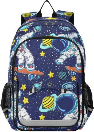 Cartoon Astronaut Skateboarding Blue School Backpack for Kids, Kids Laptop Backpack, Bookbags for Teenage Girls
