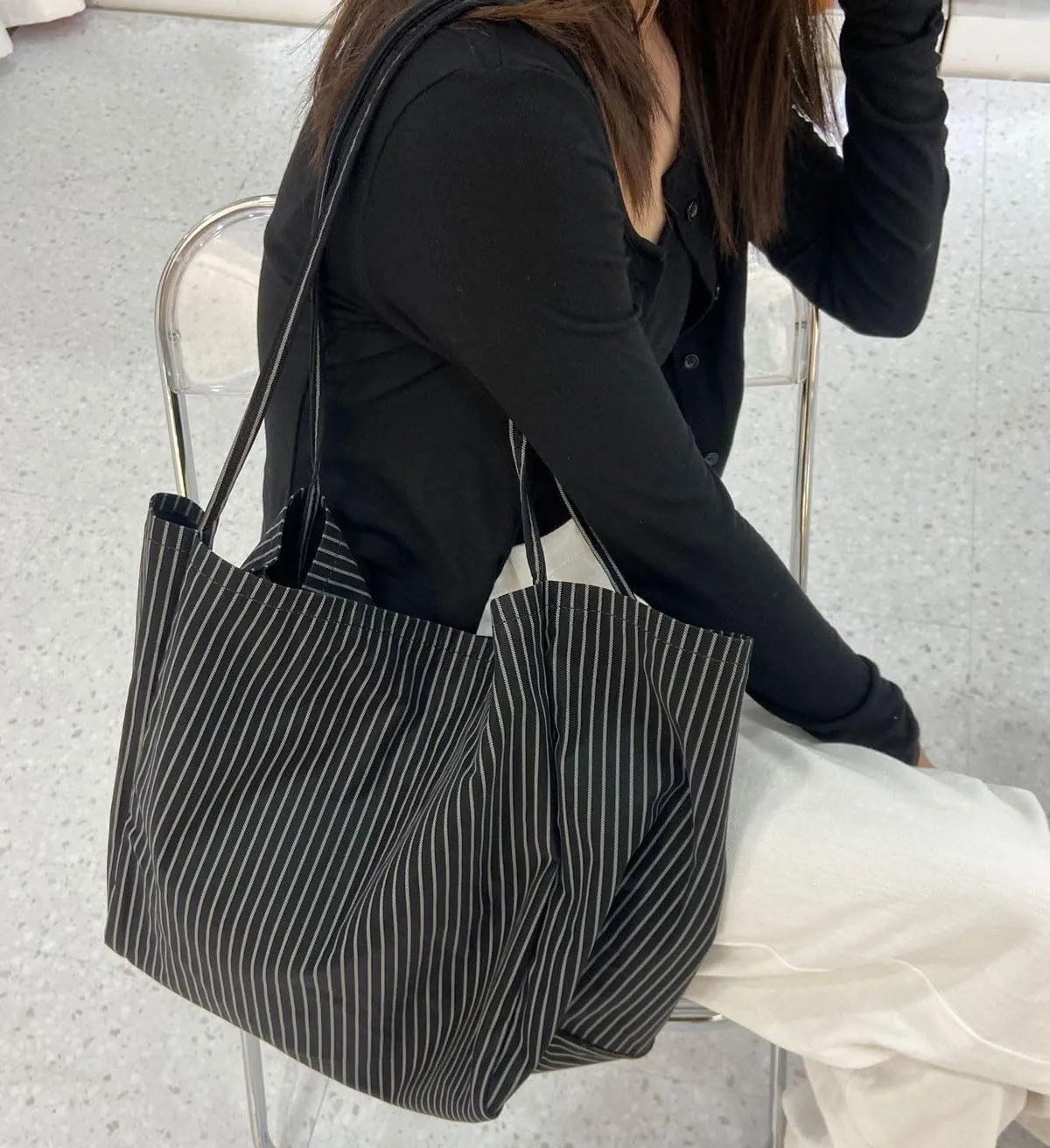 Casual Striped Large Tote Bag for Women Reusable Grocery Shopping Shoulder Bags Beach Work, Black