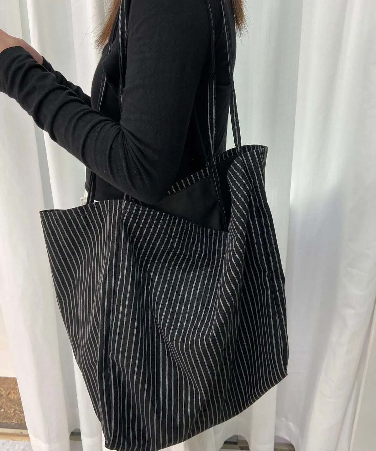 Casual Striped Large Tote Bag for Women Reusable Grocery Shopping Shoulder Bags Beach Work, Black