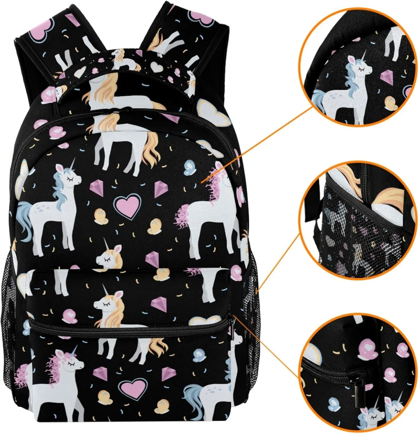 Causal Elementary Bookbag Middle Student Backpack with Adjustable Strap, Cute Unicorns with Hearts and Butterflies