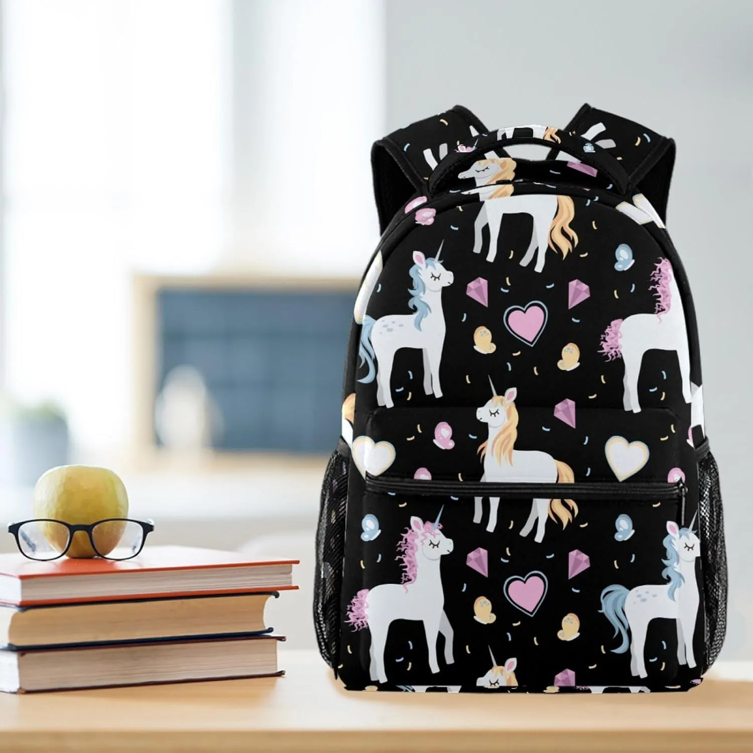 Causal Elementary Bookbag Middle Student Backpack with Adjustable Strap, Cute Unicorns with Hearts and Butterflies