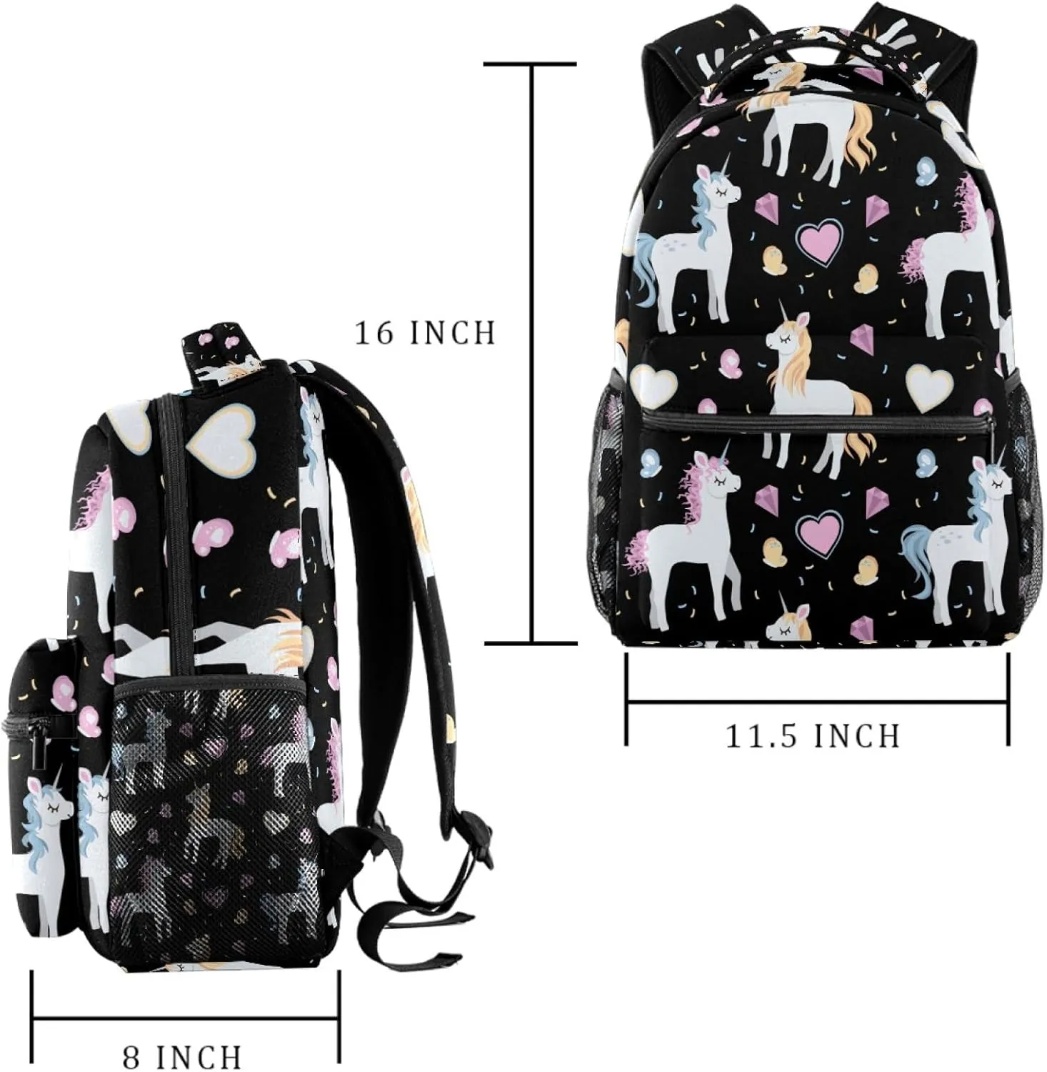 Causal Elementary Bookbag Middle Student Backpack with Adjustable Strap, Cute Unicorns with Hearts and Butterflies