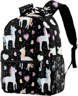 Causal Elementary Bookbag Middle Student Backpack with Adjustable Strap, Cute Unicorns with Hearts and Butterflies