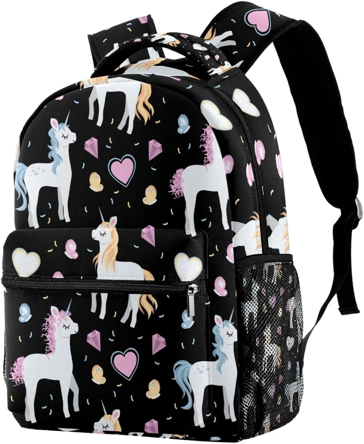Causal Elementary Bookbag Middle Student Backpack with Adjustable Strap, Cute Unicorns with Hearts and Butterflies