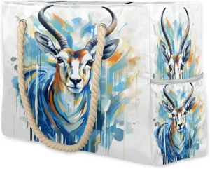 cfpolar Watercolor Colorful Gazelle Large Beach Bag, Waterproof Sandproof Beach Tote Bag with Zipper, Pool Bag for Women, Shoulder Bag for Gym Beach Travel Family Vacation Essentials