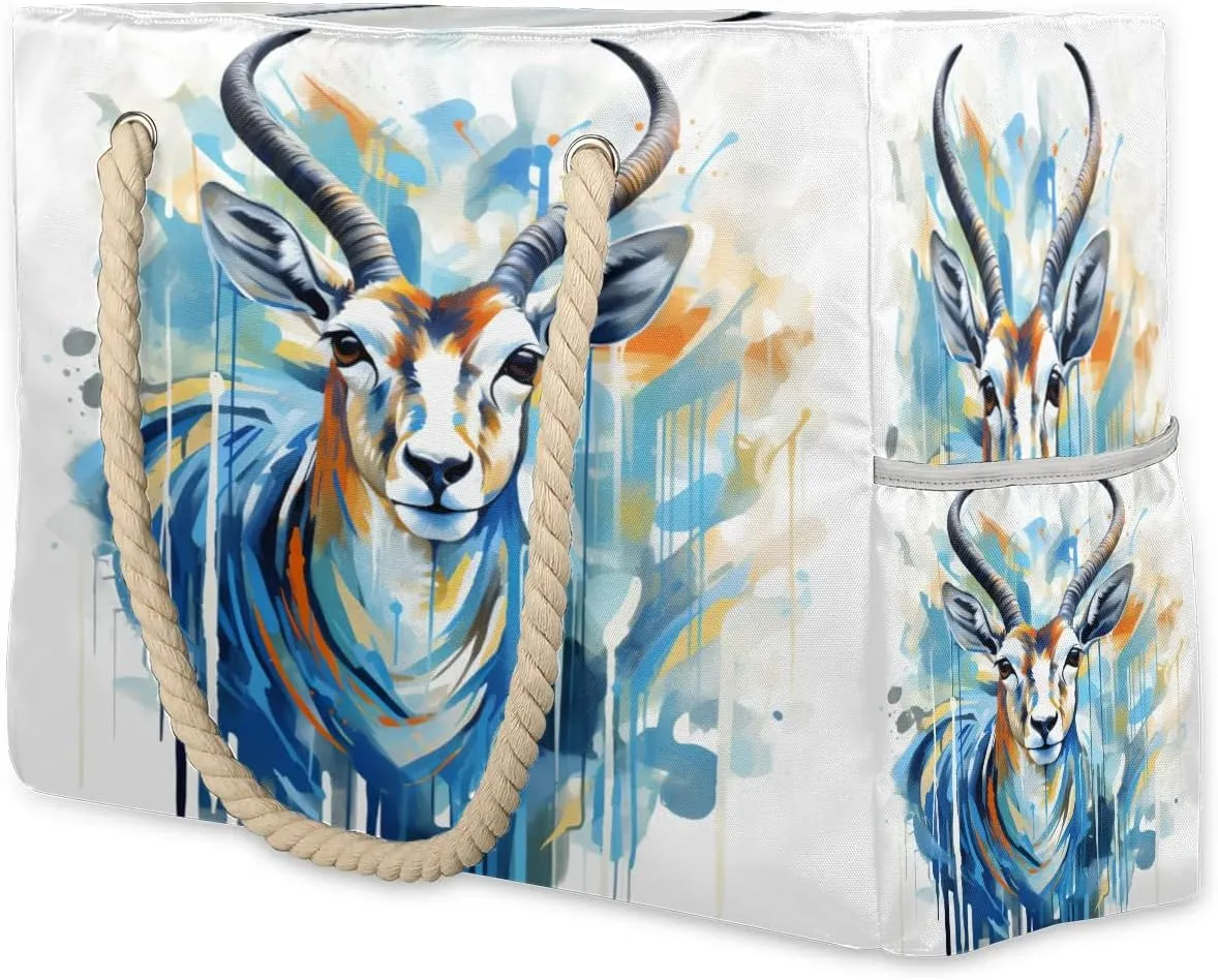 cfpolar Watercolor Colorful Gazelle Large Beach Bag, Waterproof Sandproof Beach Tote Bag with Zipper, Pool Bag for Women, Shoulder Bag for Gym Beach Travel Family Vacation Essentials
