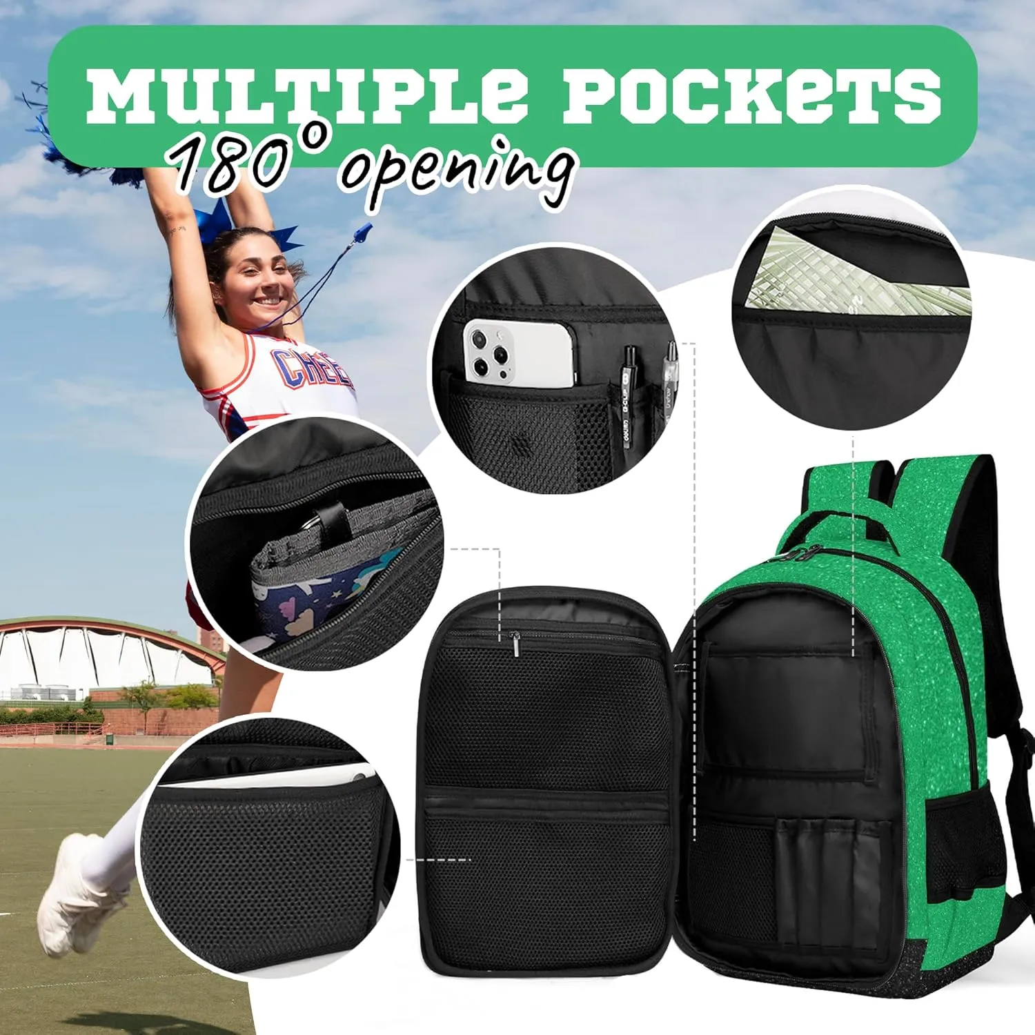 Cheer Backpack for Cheerleaders, Cheerleading Gifts for Teams, Women's Green Backpack